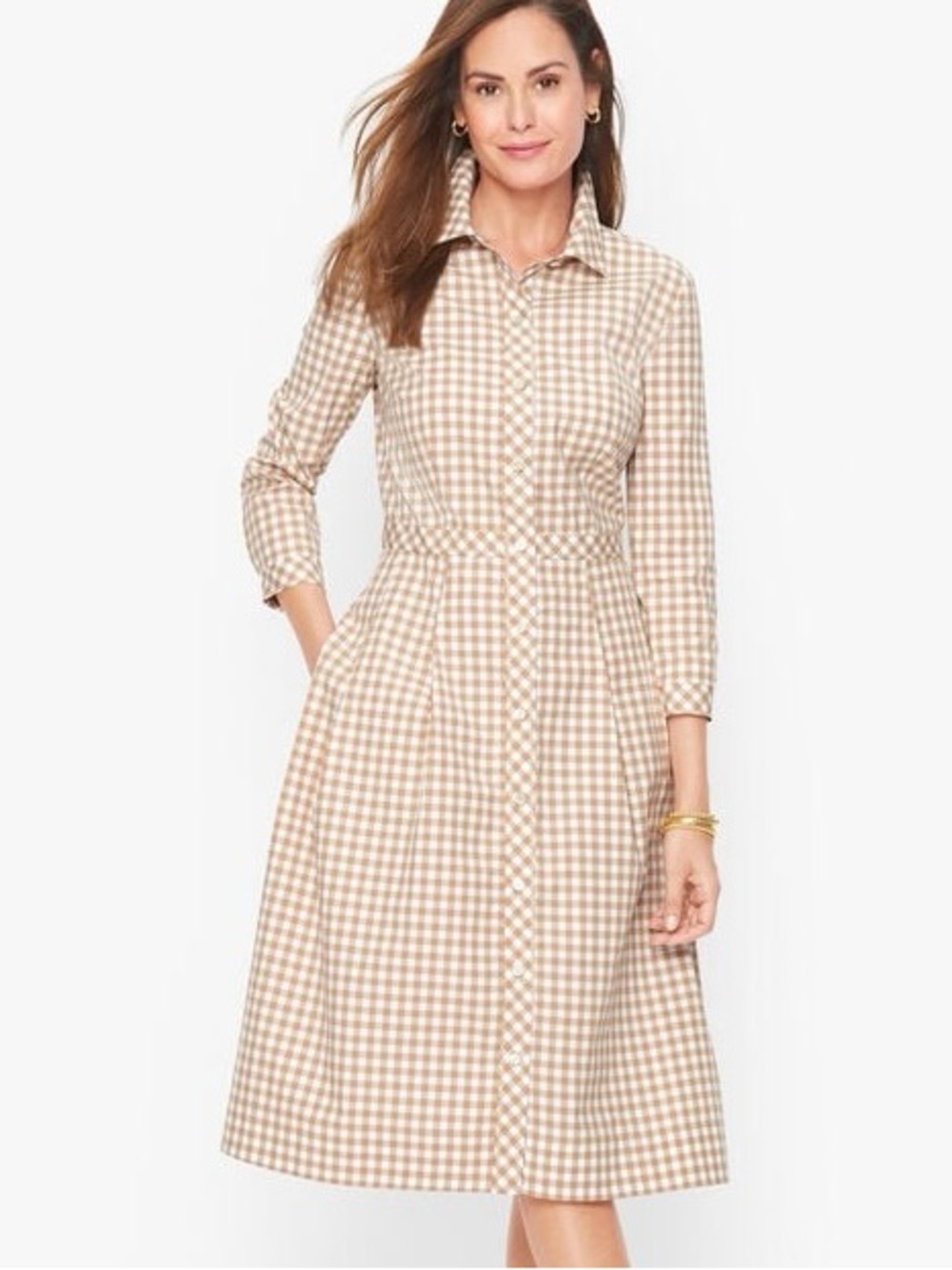 Talbots Women’s Tan Gingham Shirtdress Size 16W Cotton Cottagecore Transitional